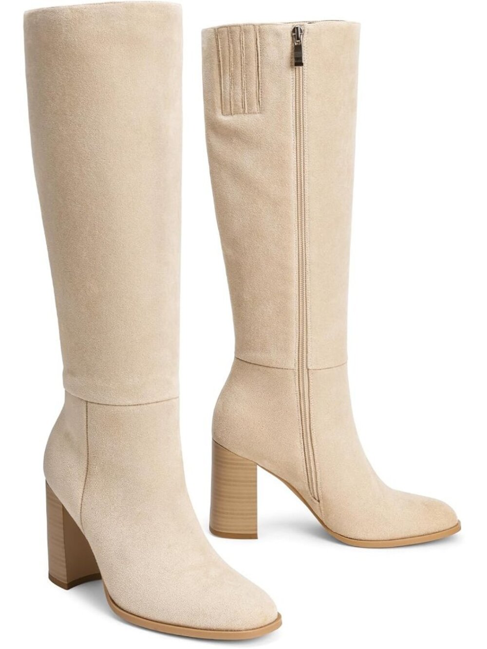 Women's Beige Round Toe Side Zip Chunky Heel Fashion Tall Knee High Casual Boot - Picture 5 of 6